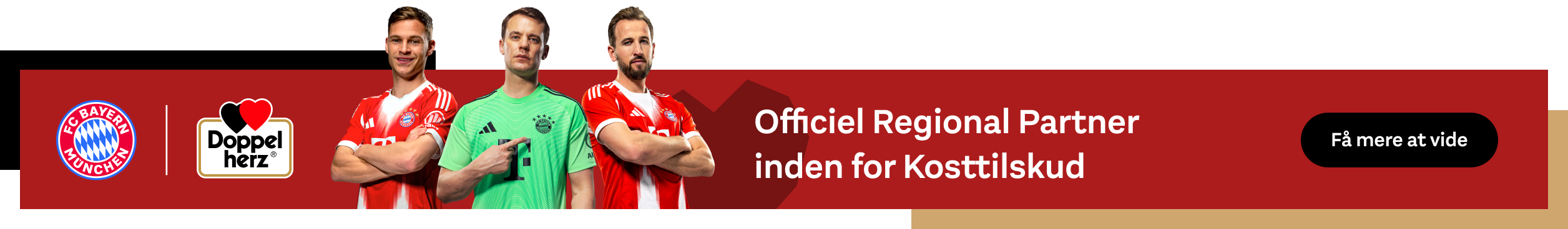 I forgrunden vises tre spillere fra FC Bayern. Ved siden af dem ses logoerne for FC Bayern München og Doppelherz samt teksten: "Officiel regional partner inden for kosttilskud". En sort knap har teksten "Få mere at vide".